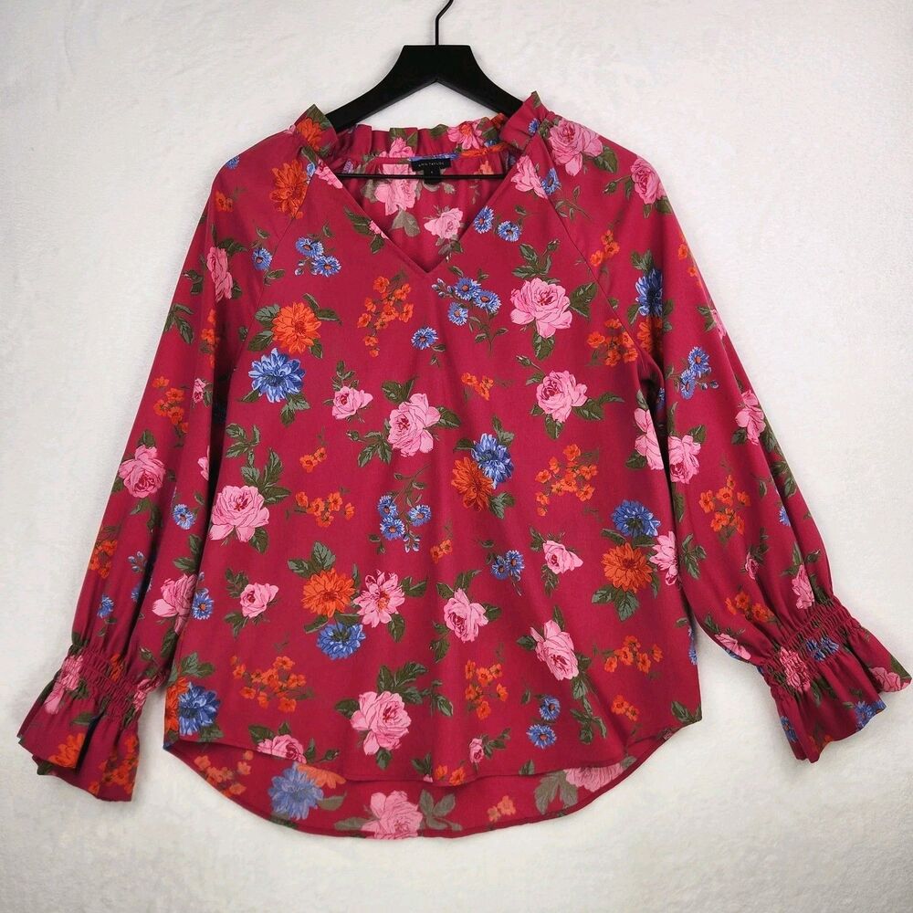 Ann Taylor Tunic Blouse Small Magenta Rose Floral Feminine Bloomcore Office Boho